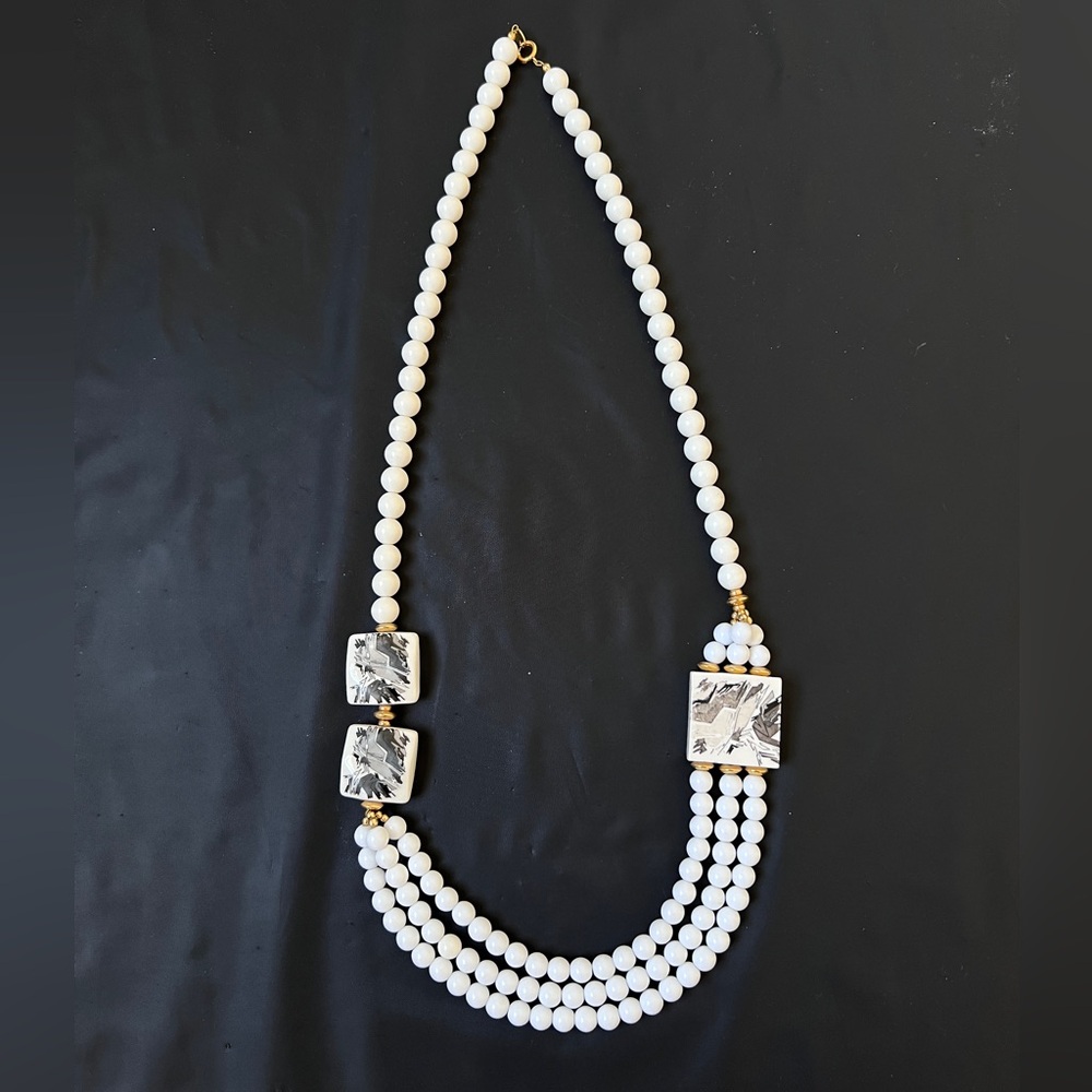 Vintage Japan 3-Strand White Bead and Hand-Painted Ceramic tiles Necklace Signed